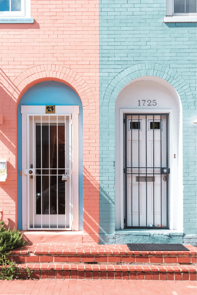 An image of two doors, one on a pink building, the other on a blue building. Photo credit to Erol Ahmed